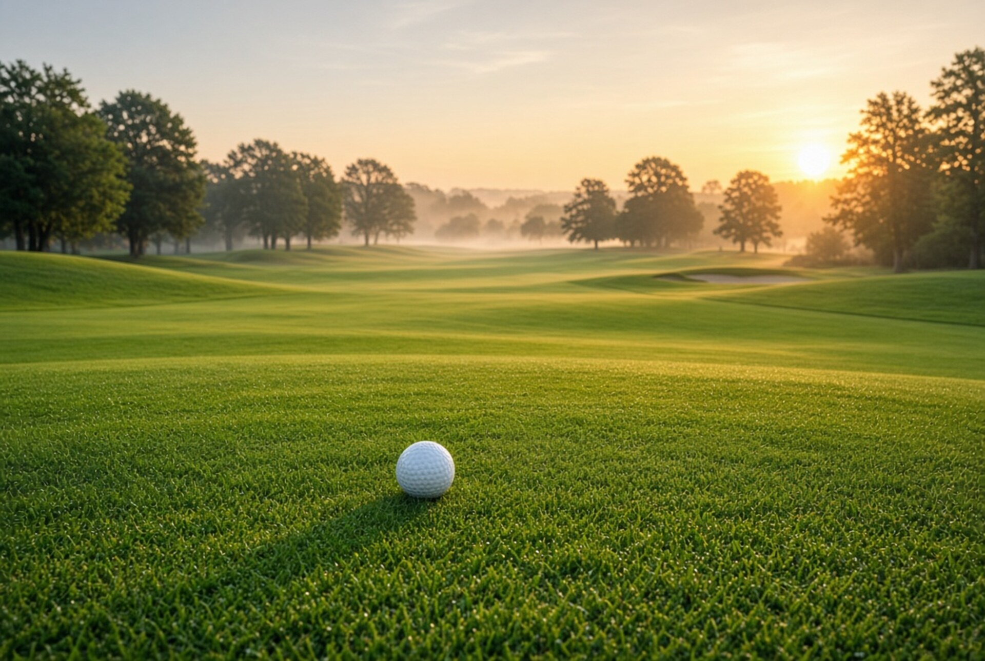 Pristine golf fairway at sunrise